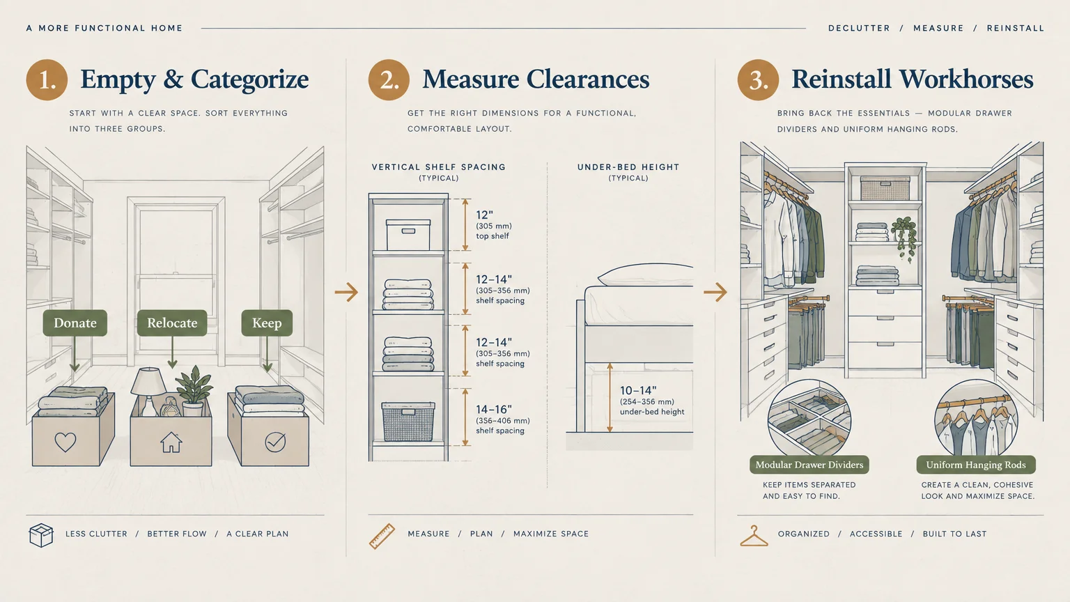 Three-step organizing diagram showing sorting boxes, shelf and bed measurements, and a fully organized closet system.