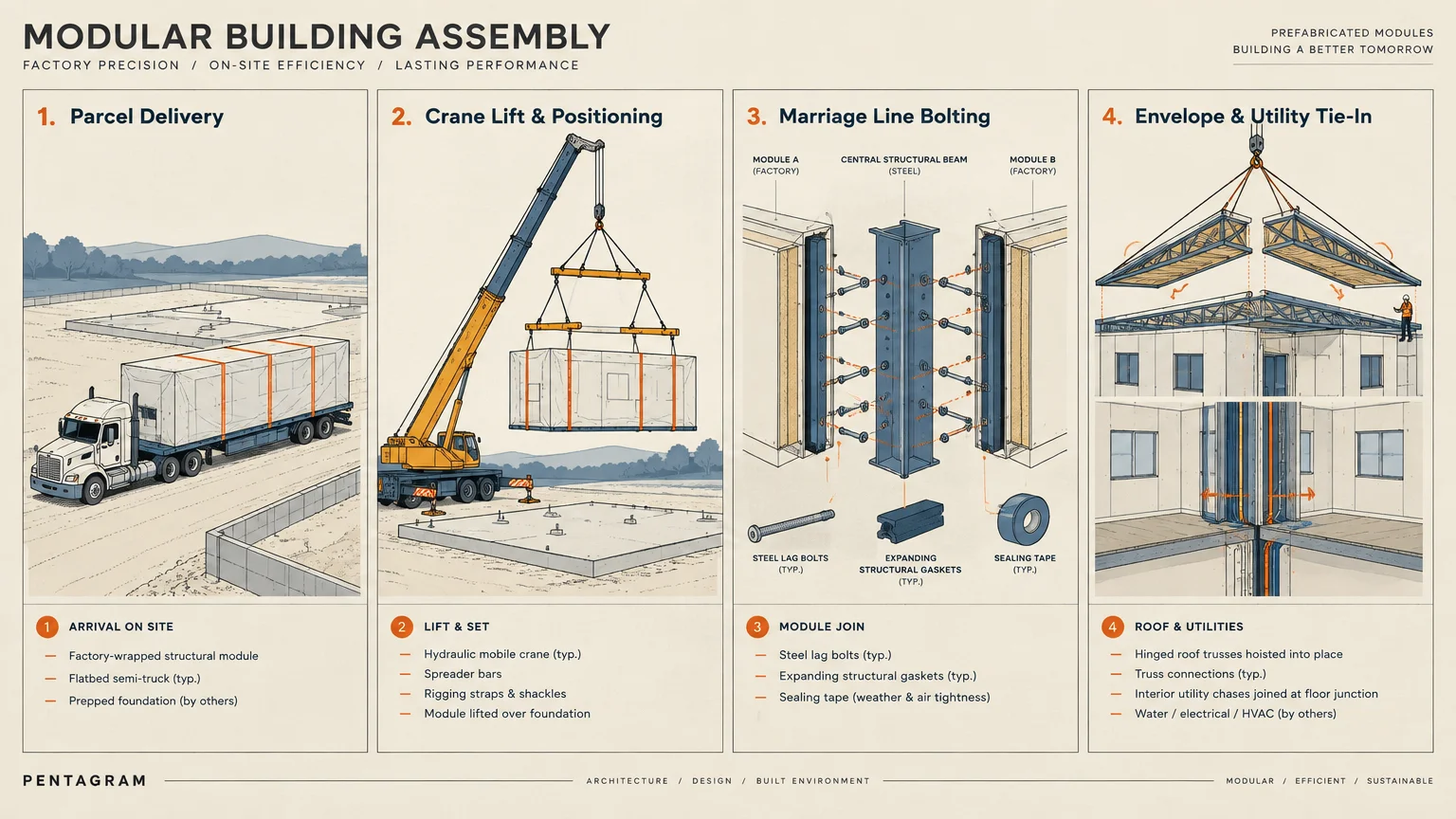 Four-step diagram showing modular building assembly: parcel delivery, crane lift onto foundation, bolting, and utility tie-in.