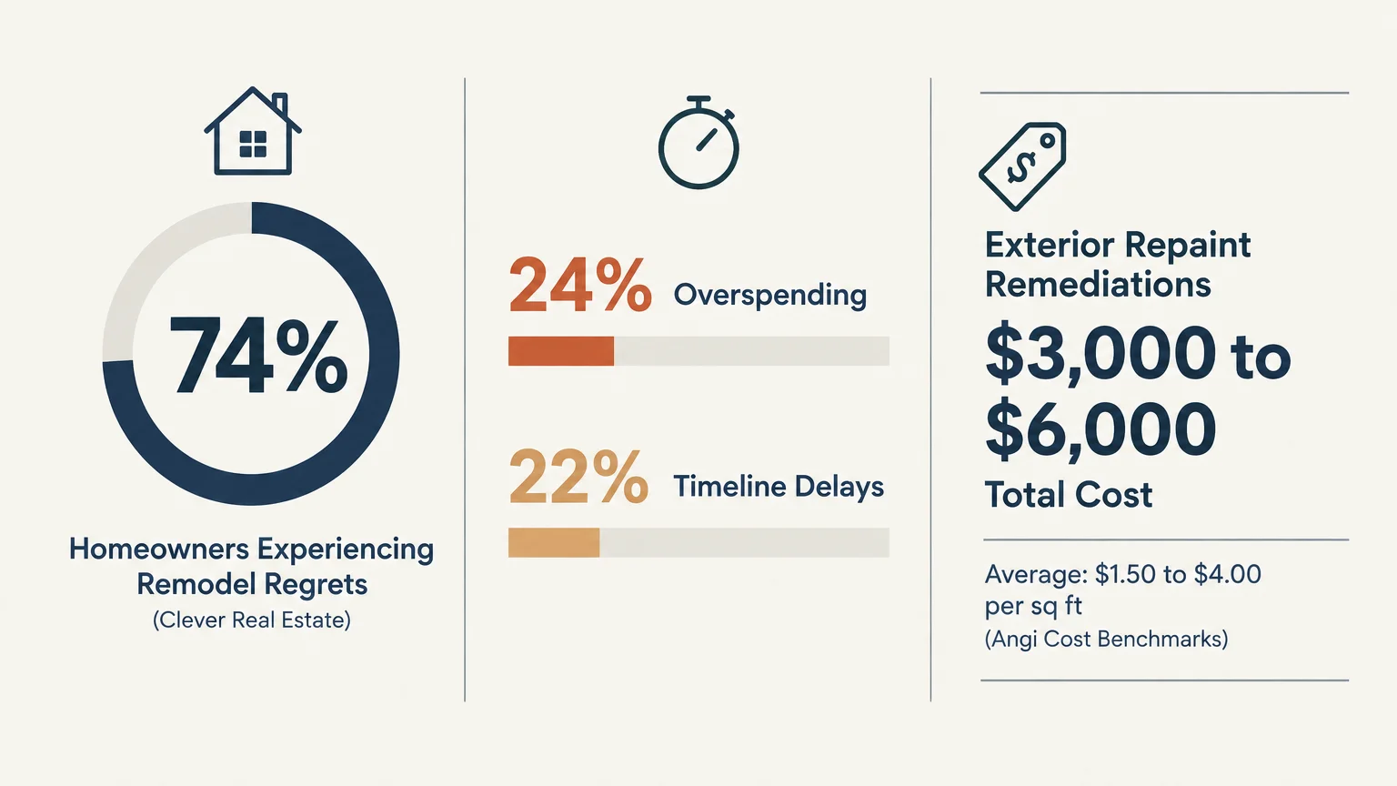 Infographic showing 74% remodel regrets, 24% overspending, 22% delays, and exterior repainting costs from $3,000 to $6,000.