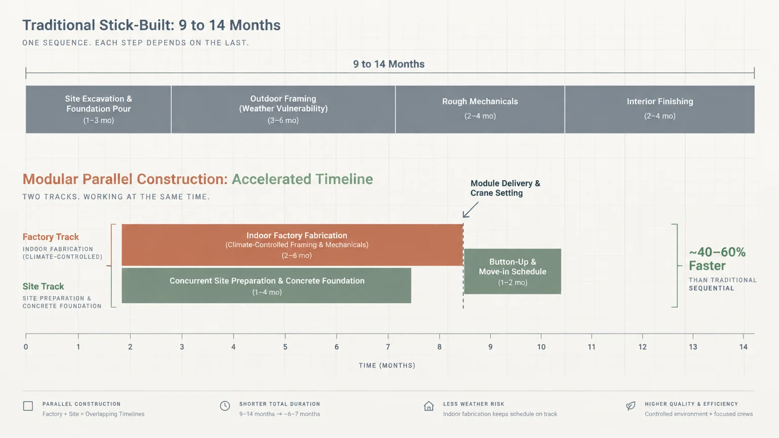 Timeline comparing sequential 9 to 14 month stick-built construction with accelerated modular parallel construction.