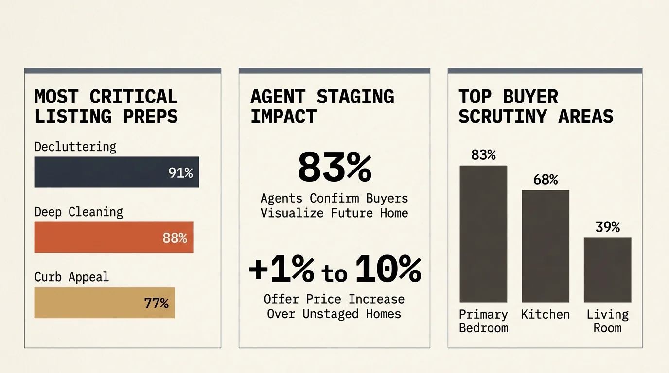 Three infographic panels detailing listing preps, agent staging impact, and buyer scrutiny areas with bar charts.