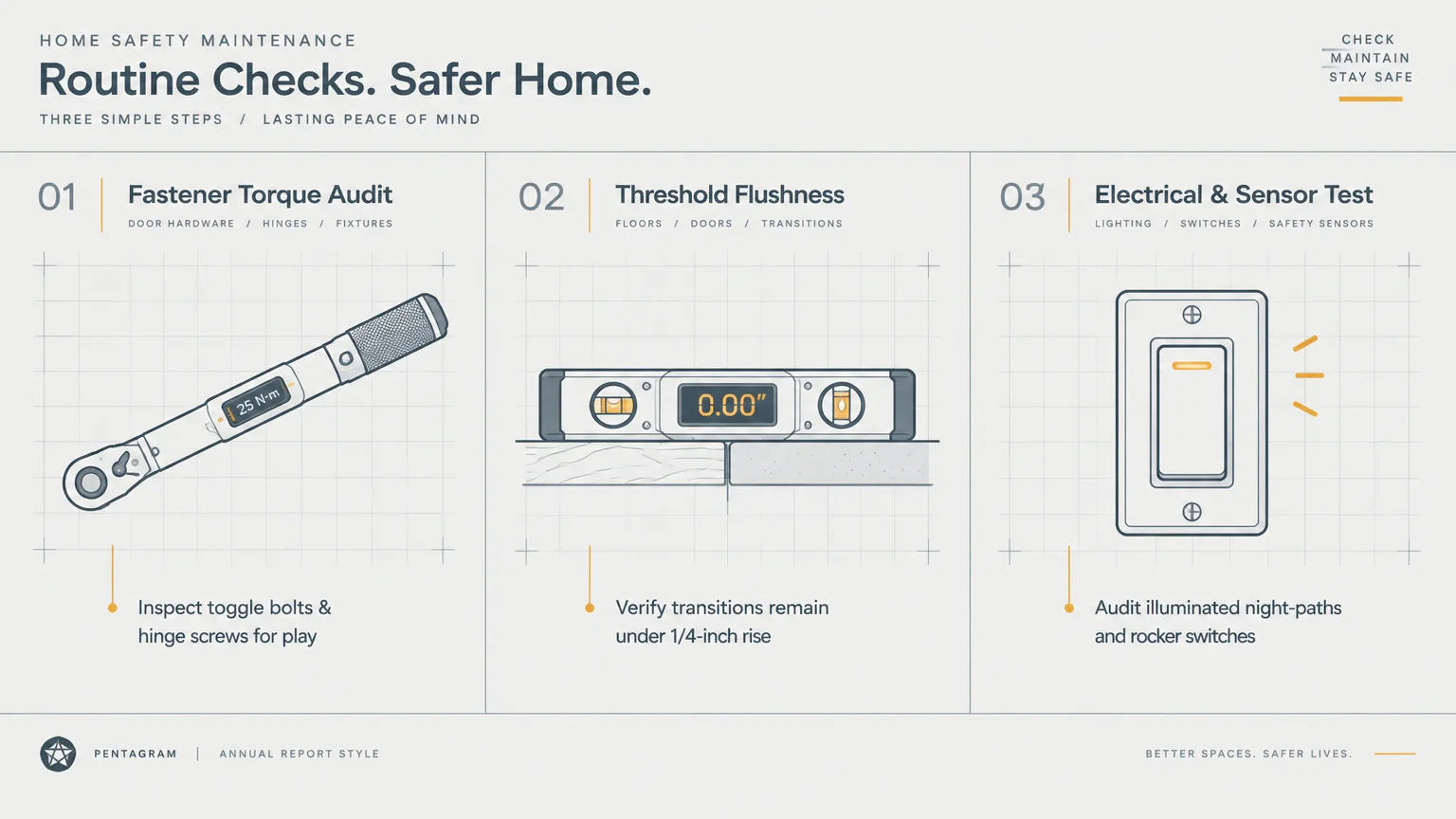 Diagram outlining three maintenance steps: a torque wrench audit, a digital level on flooring, and an illuminated light switch.