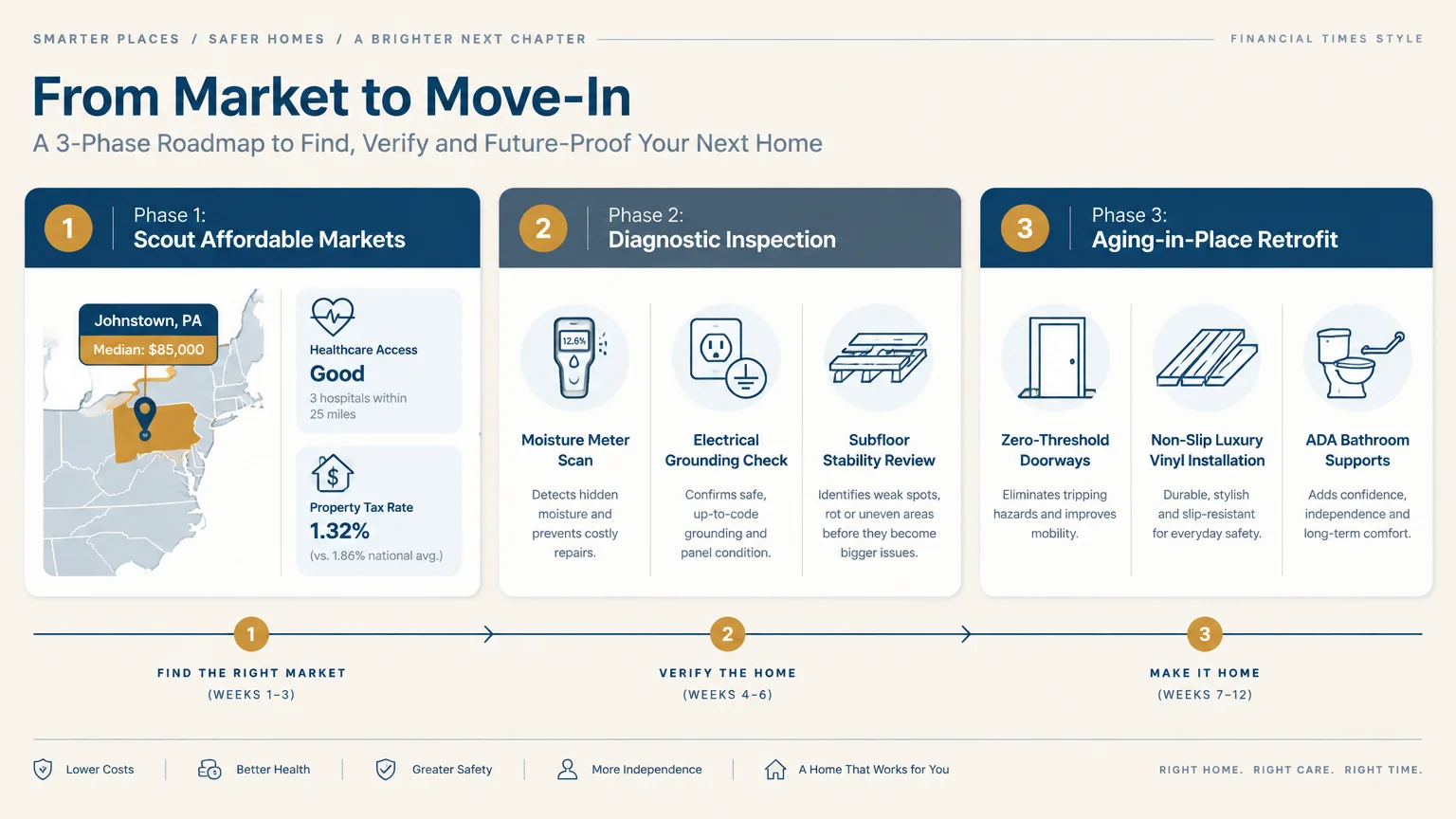 Three-phase infographic detailing steps from market scouting to home inspection diagnostics and aging-in-place retrofits.