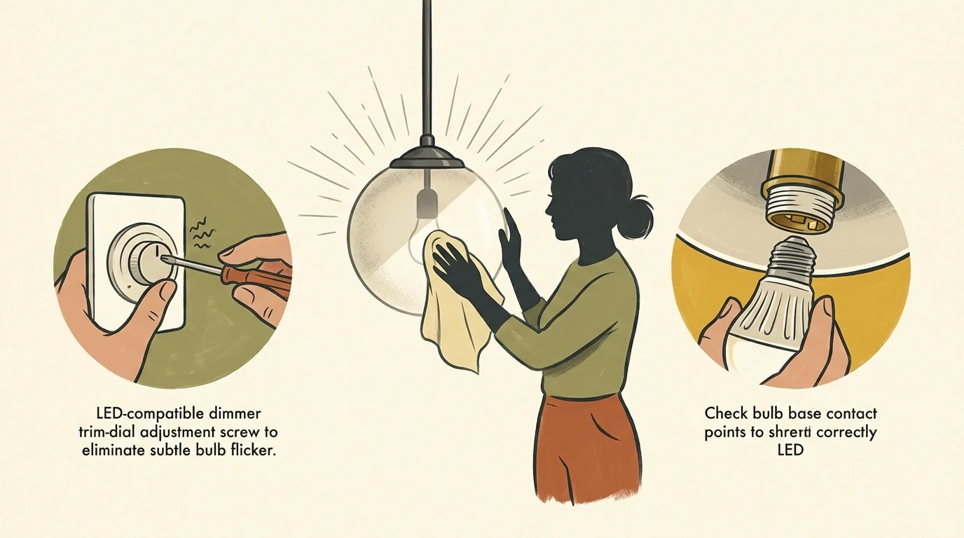 Illustration of a woman wiping a glass pendant light shade, flanked by diagrams of dimmer adjustment and bulb installation.