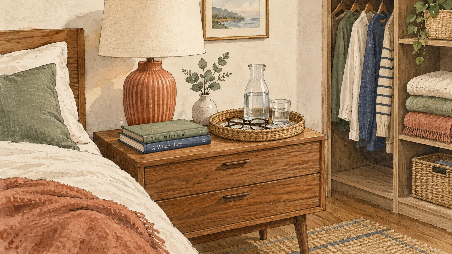 Illustration of a wooden nightstand with a lamp, books, and woven tray beside a bed and an organized closet.