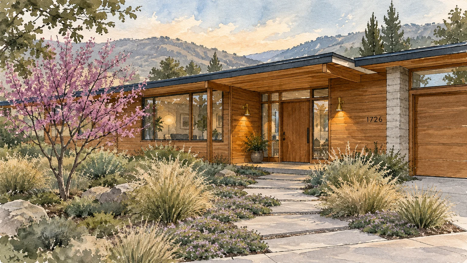 Watercolor illustration of a modern wood-paneled house with a flat roof, lighted sconces, and native landscaping.
