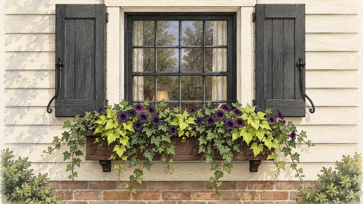 Illustration of a window with dark wood shutters, black hardware, and an overflowing flower box with purple blooms.
