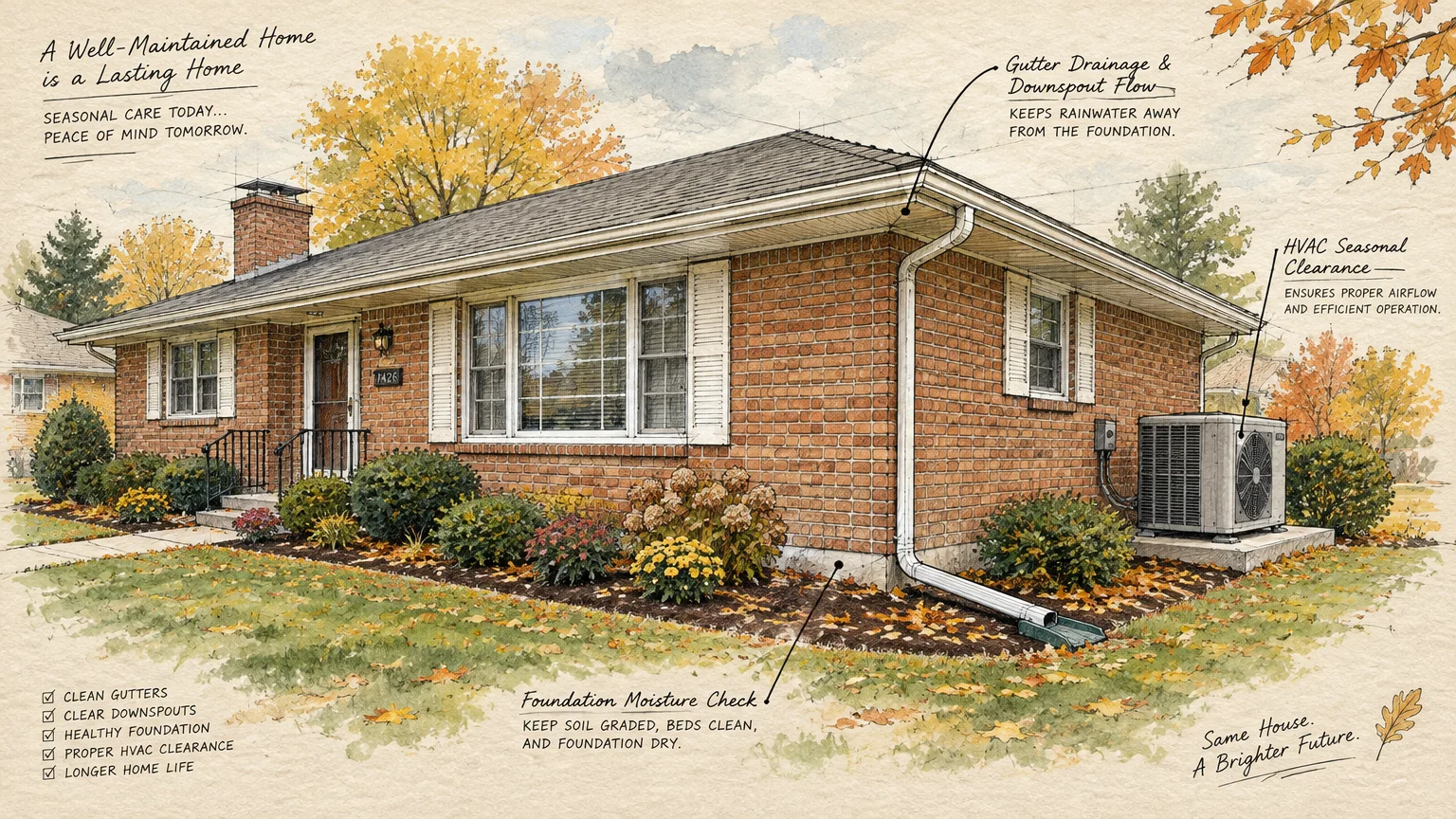 Watercolor illustration of a brick house with diagrams pointing to gutters, downspouts, and an outdoor HVAC unit.