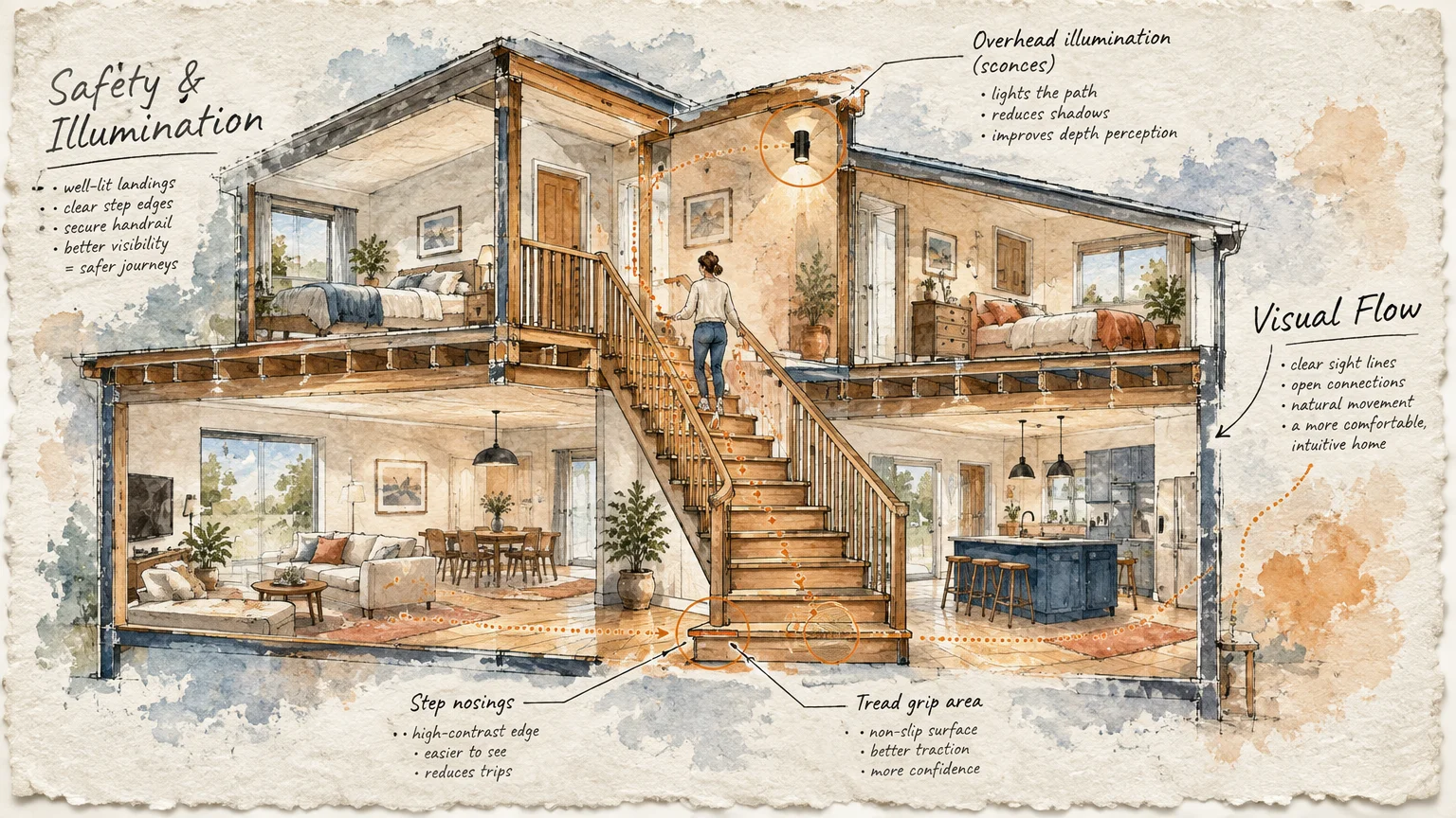 Cross-section watercolor sketch of a two-story home diagramming staircase safety, lighting, and architectural flow.