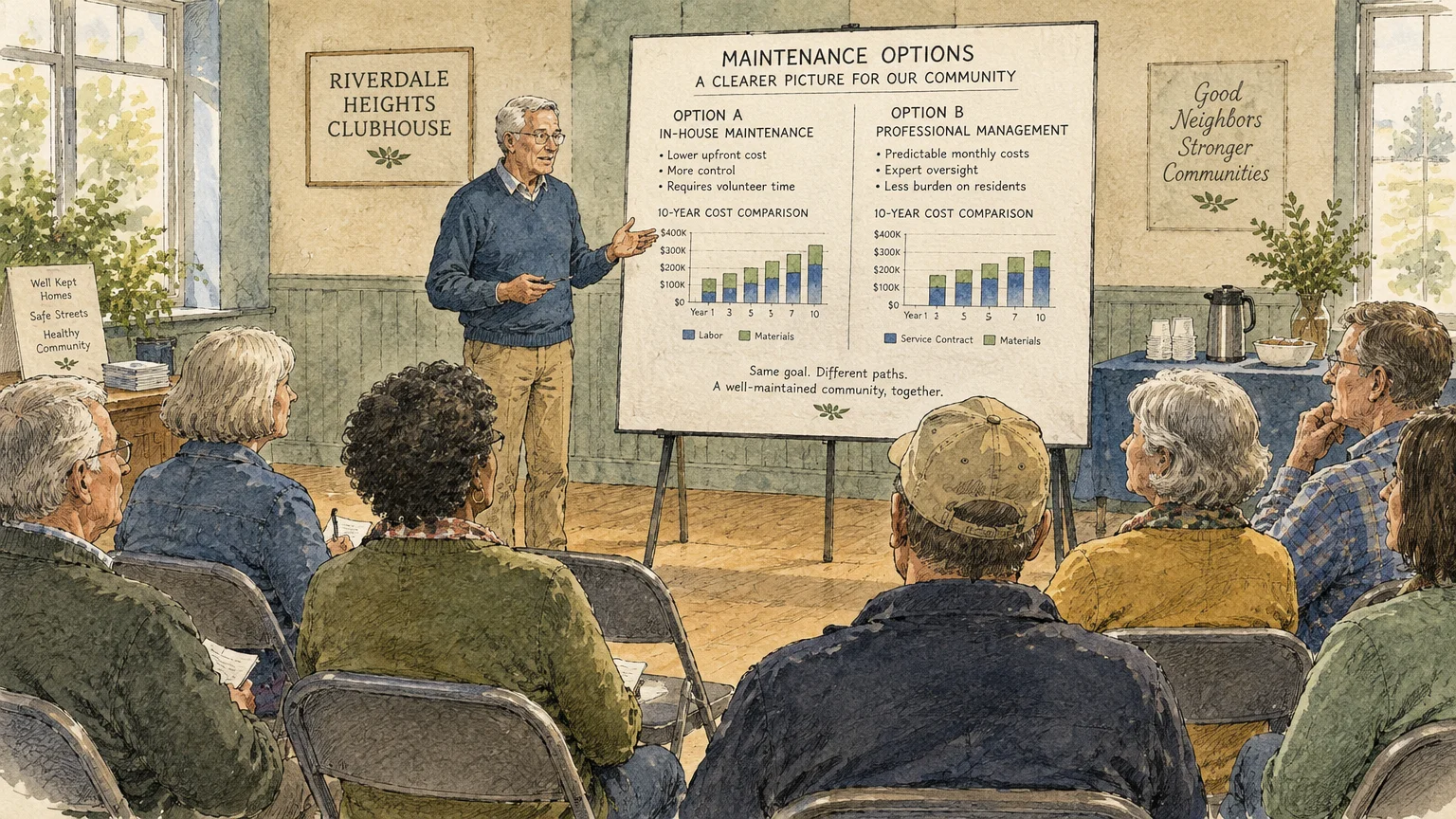 Illustration of a man presenting a maintenance cost comparison chart on an easel board to seated community residents.