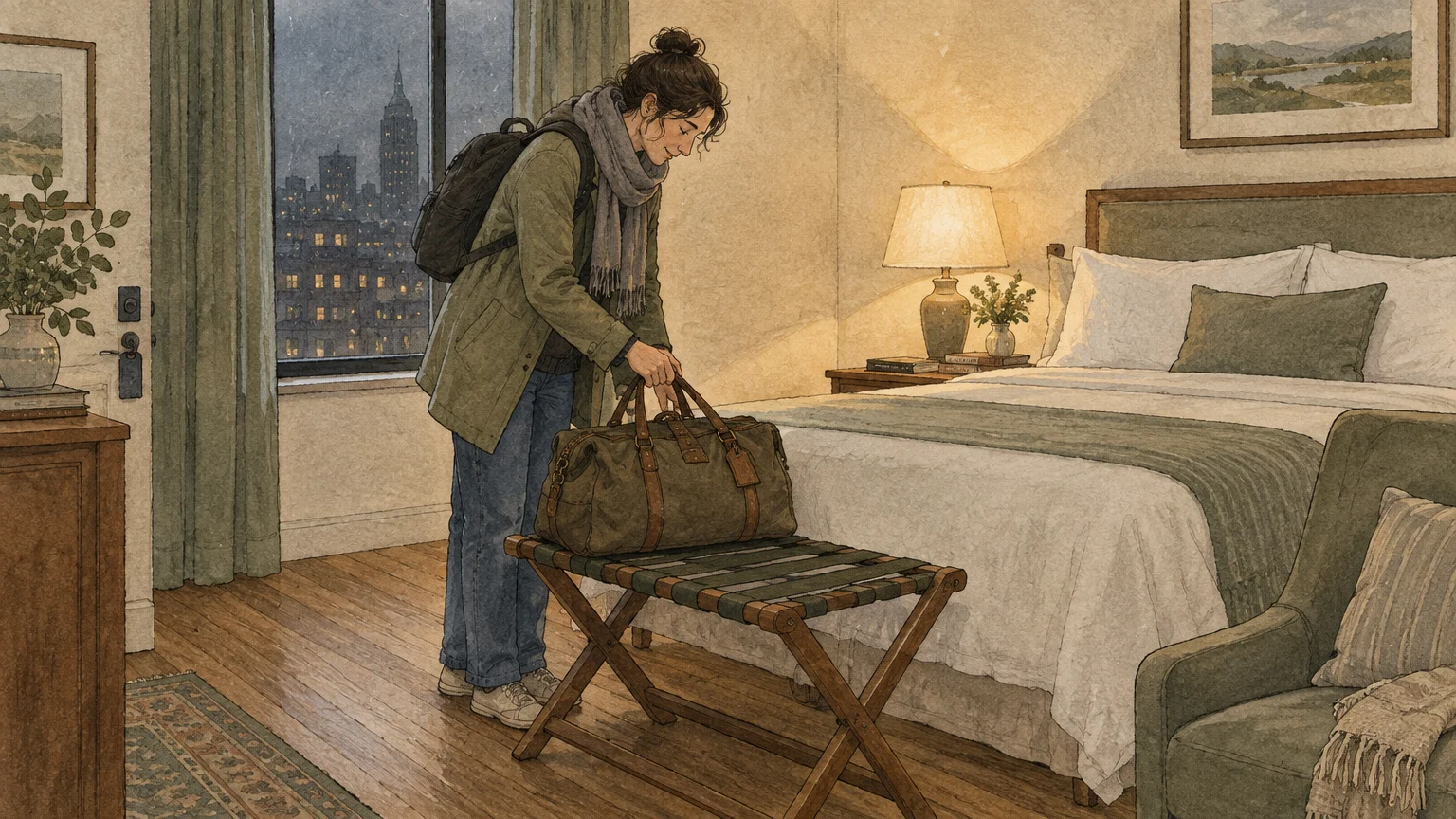 Illustration of a woman placing a travel duffel bag onto a wooden luggage rack inside a cozy guest bedroom.