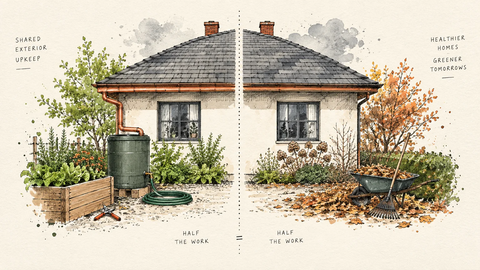 Split ink sketch of a duplex showing summer garden chores on the left and autumn yard maintenance on the right.