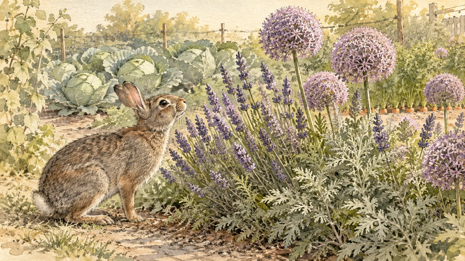 Watercolor illustration of a brown cottontail rabbit sniffing purple flowers beside cabbage heads in a vegetable garden.