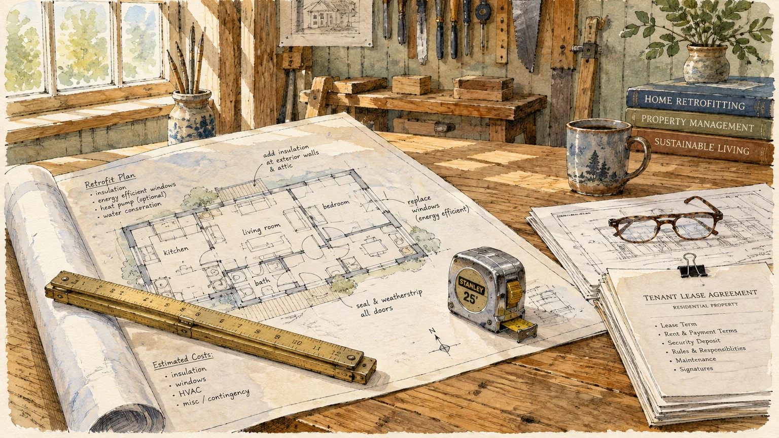 Ink sketch of an architectural retrofit blueprint, wooden ruler, tape measure, glasses, and tenant lease agreement on a desk.