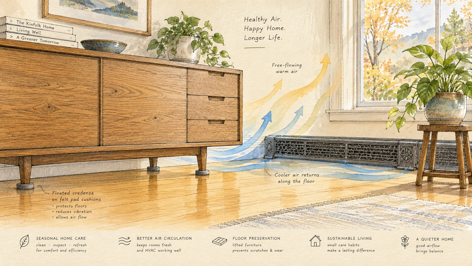 Illustration of a wooden credenza on felt pads beside a baseboard heater showing airflow arrows and potted plants.