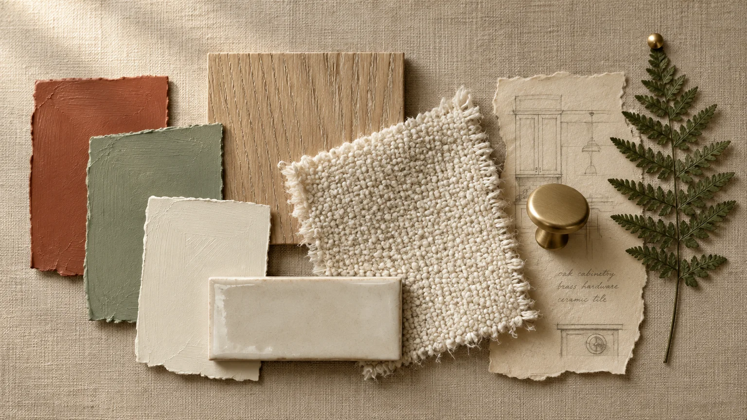 Mood board with paint swatches, wood sample, ceramic tile, textured fabric swatch, brass knob, and a fern sprig on linen.
