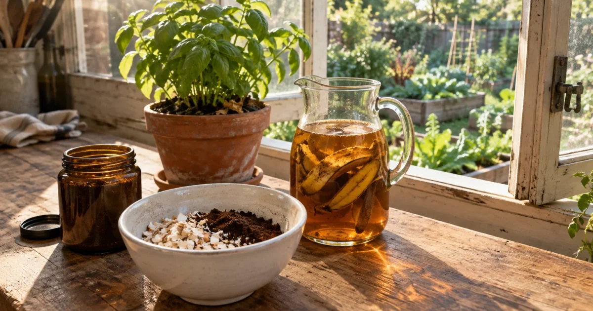 A pitcher of banana peel water, a bowl of crushed eggshells and coffee grounds, and a potted basil plant on a windowsill.