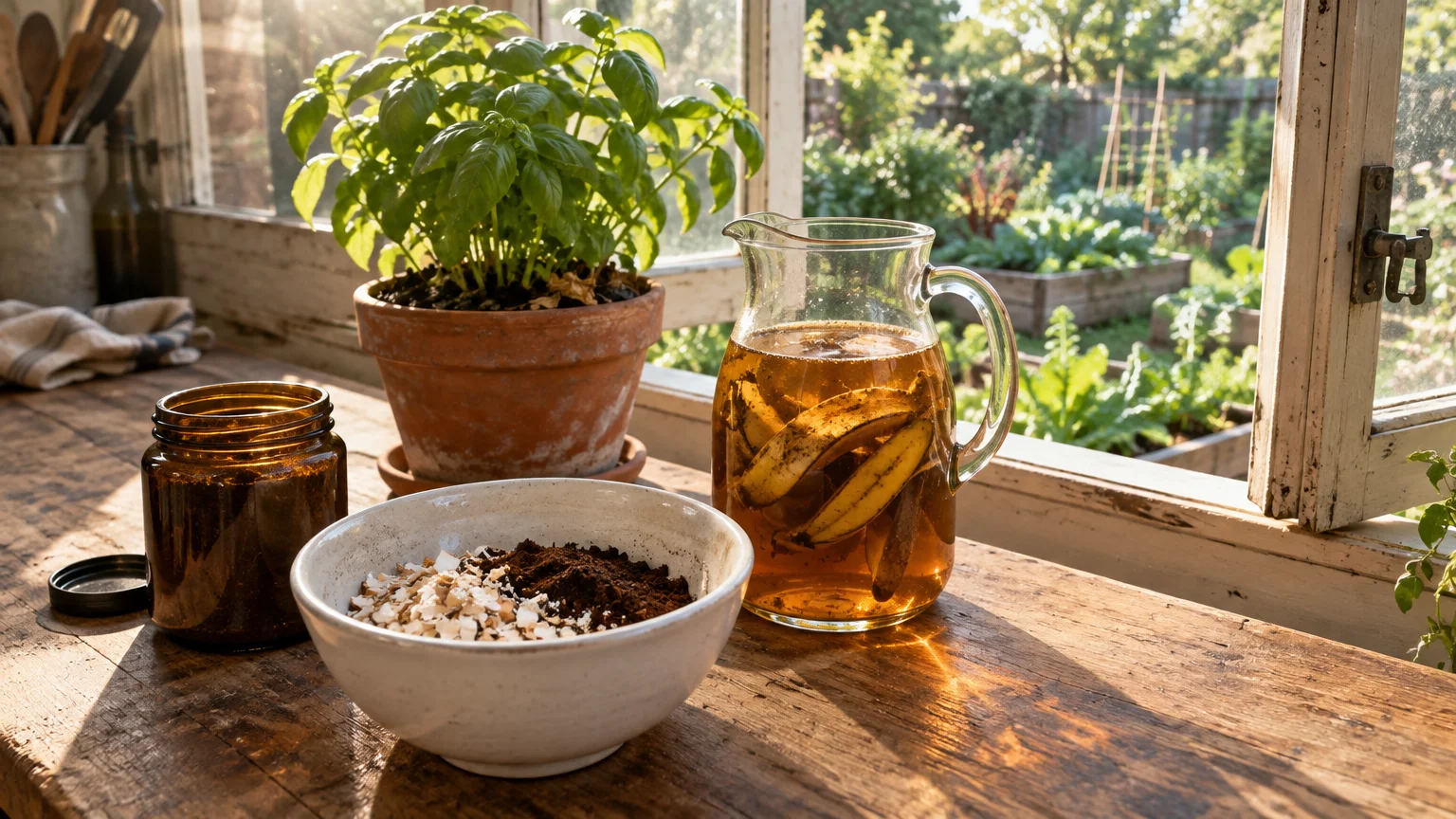 A pitcher of banana peel water, a bowl of crushed eggshells and coffee grounds, and a potted basil plant on a windowsill.
