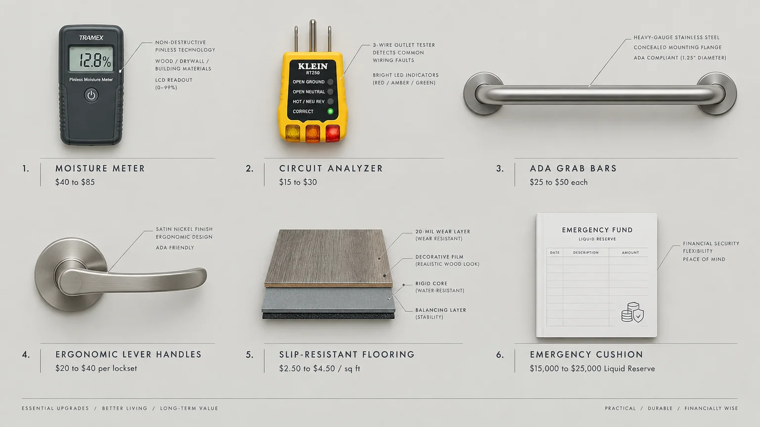Six-part checklist infographic showing tools, hardware, flooring, and an emergency reserve ledger with costs.
