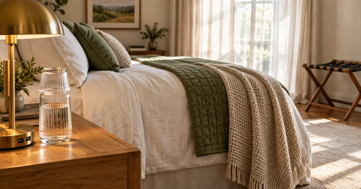 Sunlit guest bedroom with a made bed, textured throw blankets, a wooden nightstand with a brass lamp, and a water carafe.