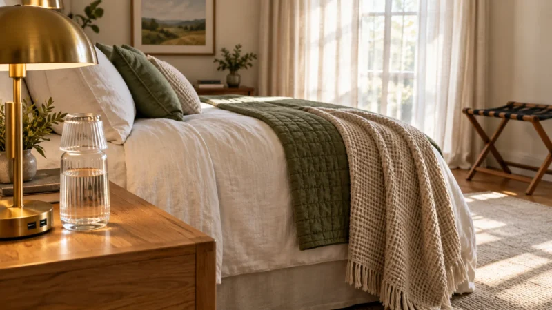 Sunlit guest bedroom with a made bed, textured throw blankets, a wooden nightstand with a brass lamp, and a water carafe.