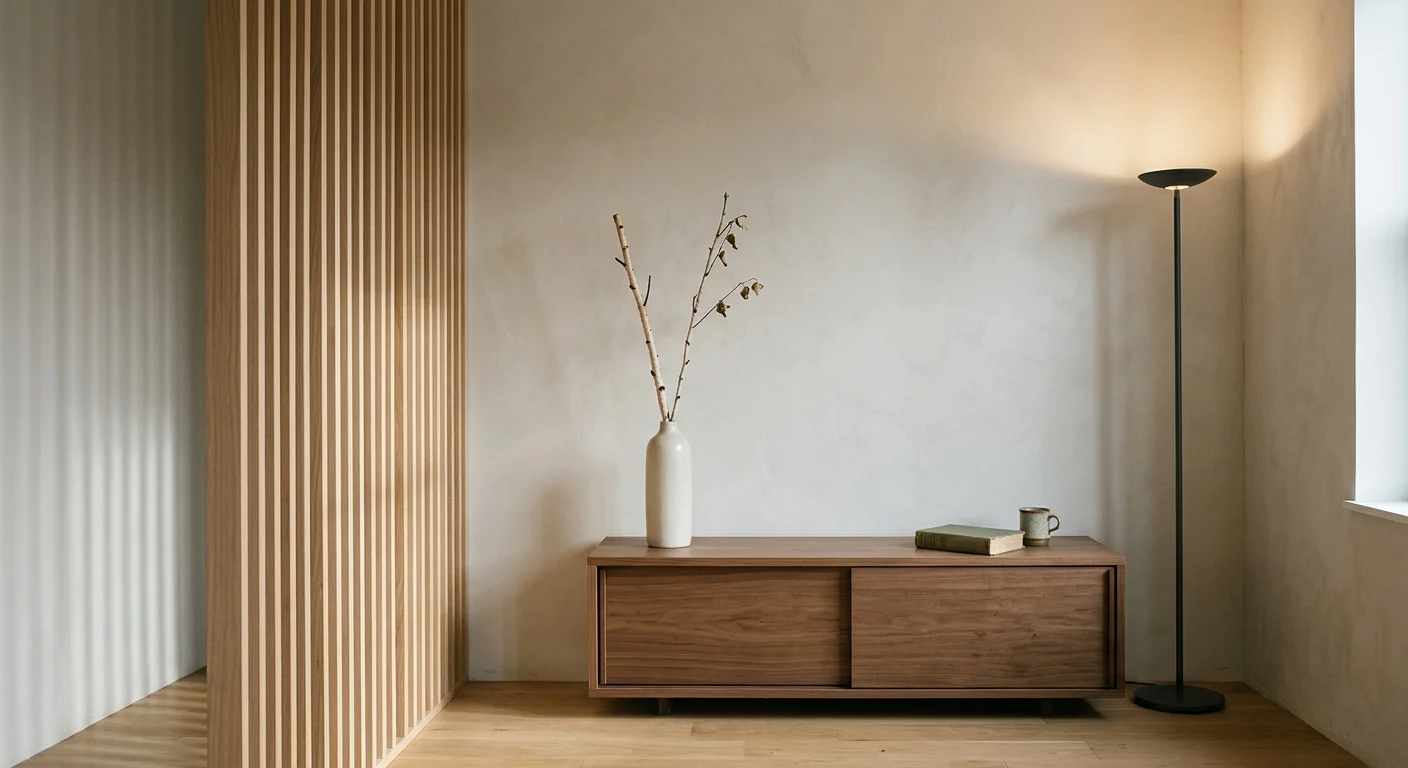 Low wooden credenza, vertical slatted wood divider, and an upward-facing floor lamp beside a pale textured wall.