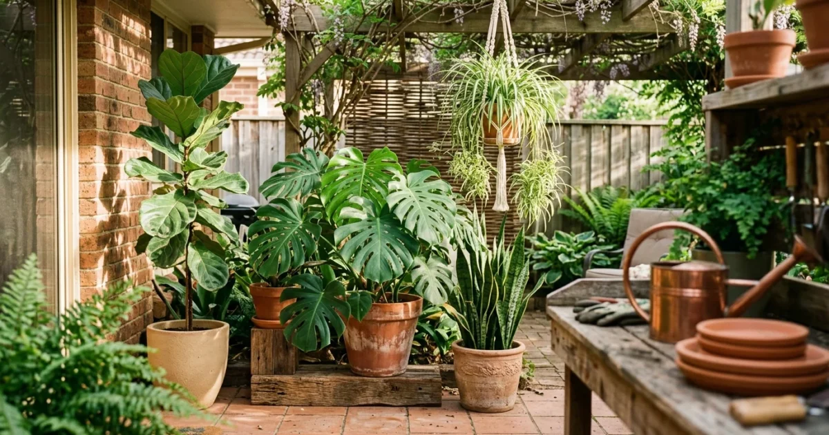 Various potted houseplants, including a monstera and fiddle-leaf fig, arranged on a brick patio under a pergola.