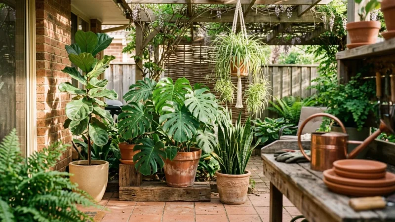 Various potted houseplants, including a monstera and fiddle-leaf fig, arranged on a brick patio under a pergola.