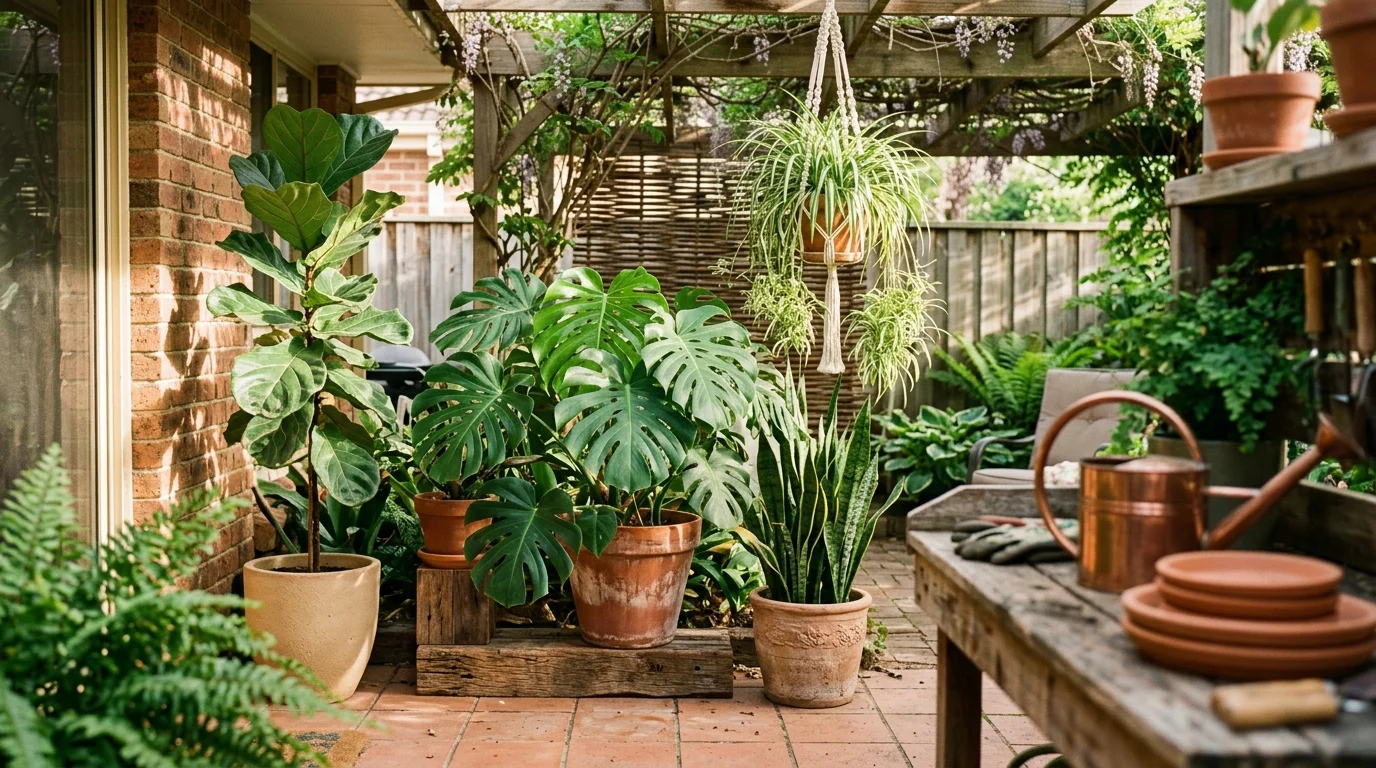 Various potted houseplants, including a monstera and fiddle-leaf fig, arranged on a brick patio under a pergola.