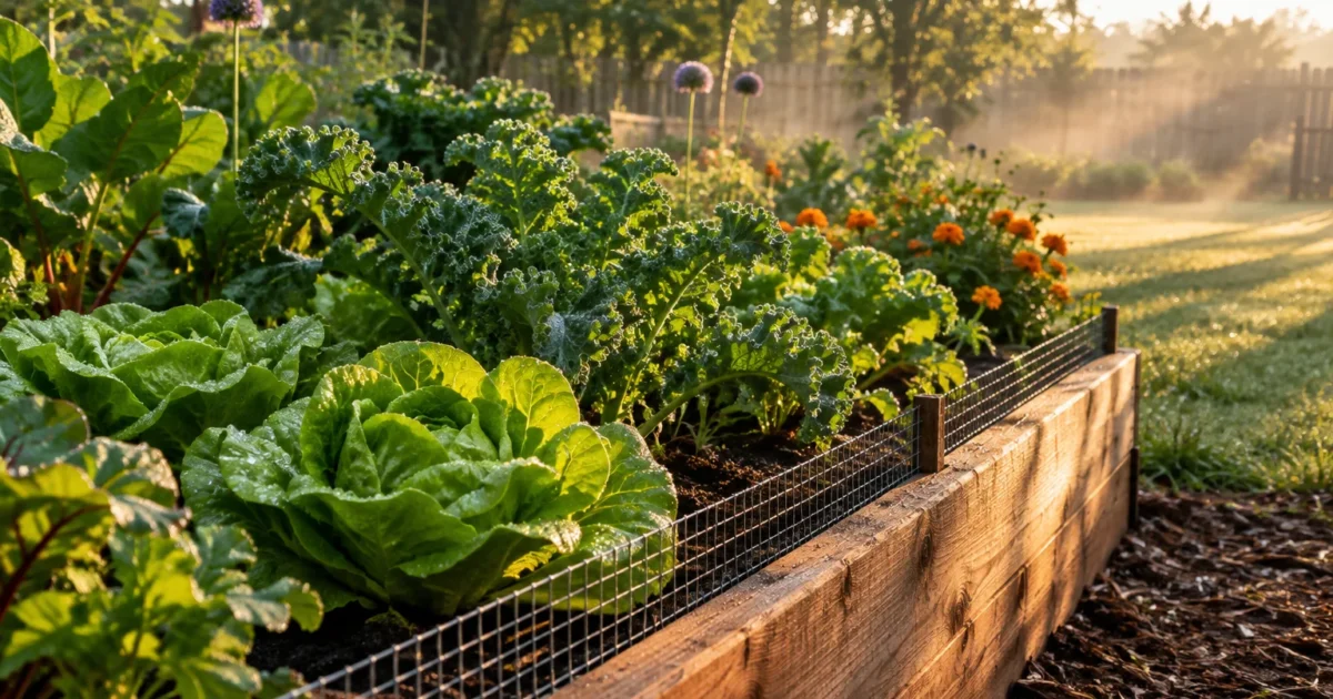 Raised wooden garden bed filled with fresh lettuce and kale, lined with a low wire mesh fence in morning sunlight.