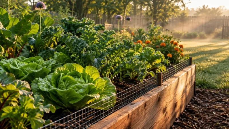 Raised wooden garden bed filled with fresh lettuce and kale, lined with a low wire mesh fence in morning sunlight.