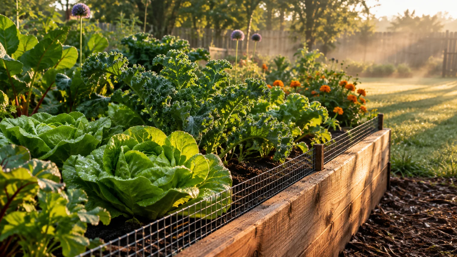 Raised wooden garden bed filled with fresh lettuce and kale, lined with a low wire mesh fence in morning sunlight.