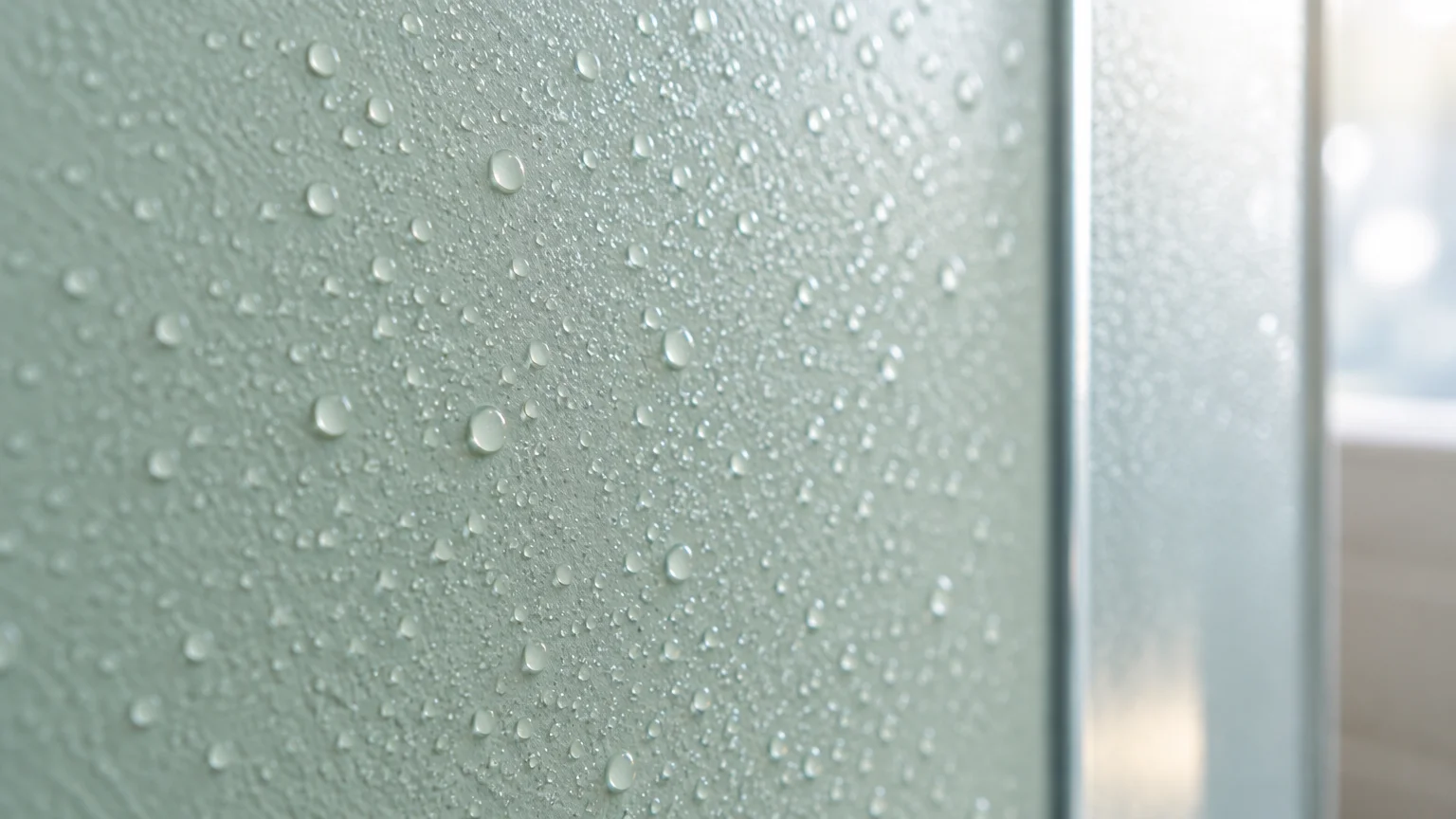 Close-up of water droplets condensing across a textured light green bathroom wall.