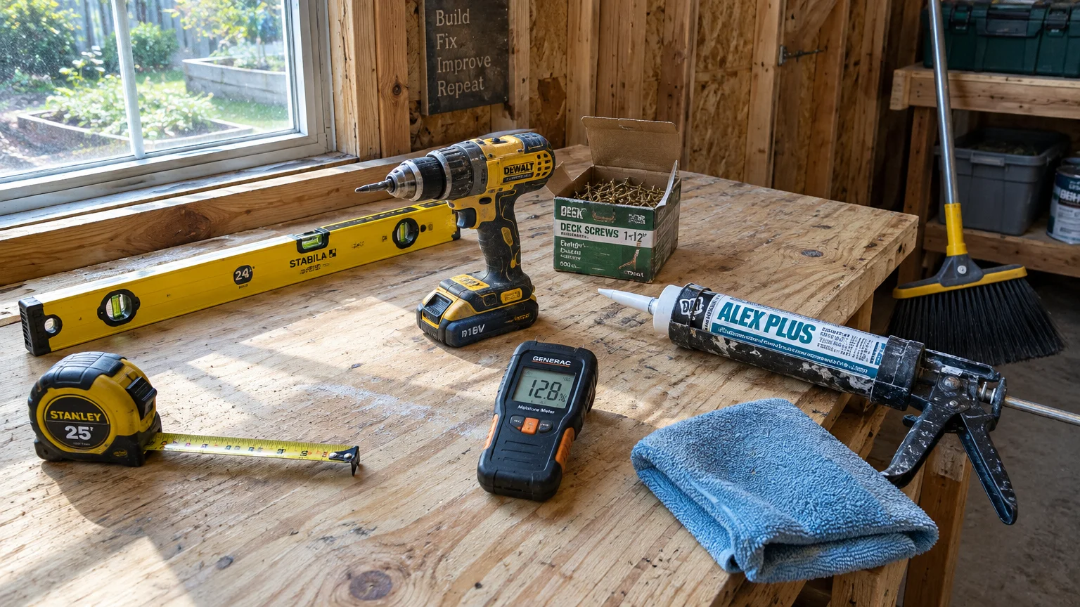 Tape measure, level, cordless drill, screws, digital moisture meter, and caulk gun arranged on a wooden workbench.