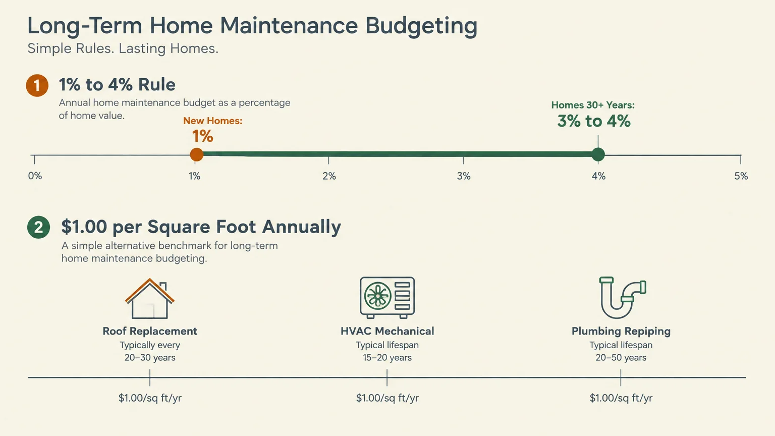 Diagram outlining the 1% to 4% home maintenance rule alongside replacement lifespans for roofing, HVAC, and plumbing.