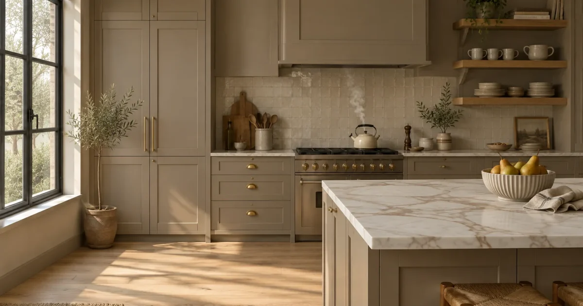 Warm taupe kitchen cabinets with brass hardware, marble countertops, tiled backsplash, and a steaming kettle on the stove.