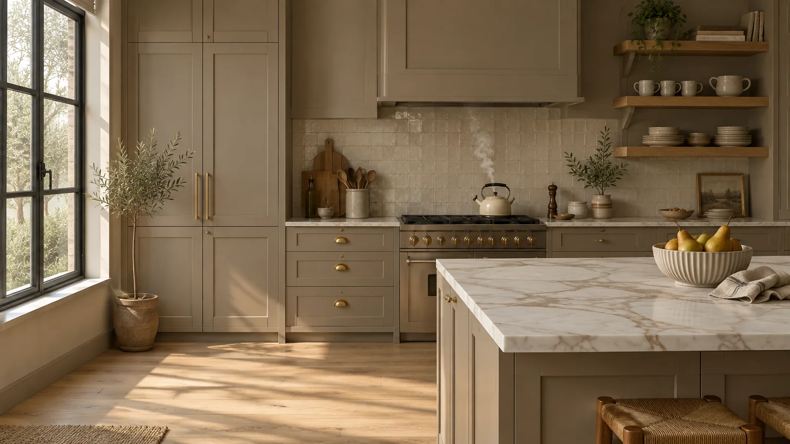 Warm taupe kitchen cabinets with brass hardware, marble countertops, tiled backsplash, and a steaming kettle on the stove.