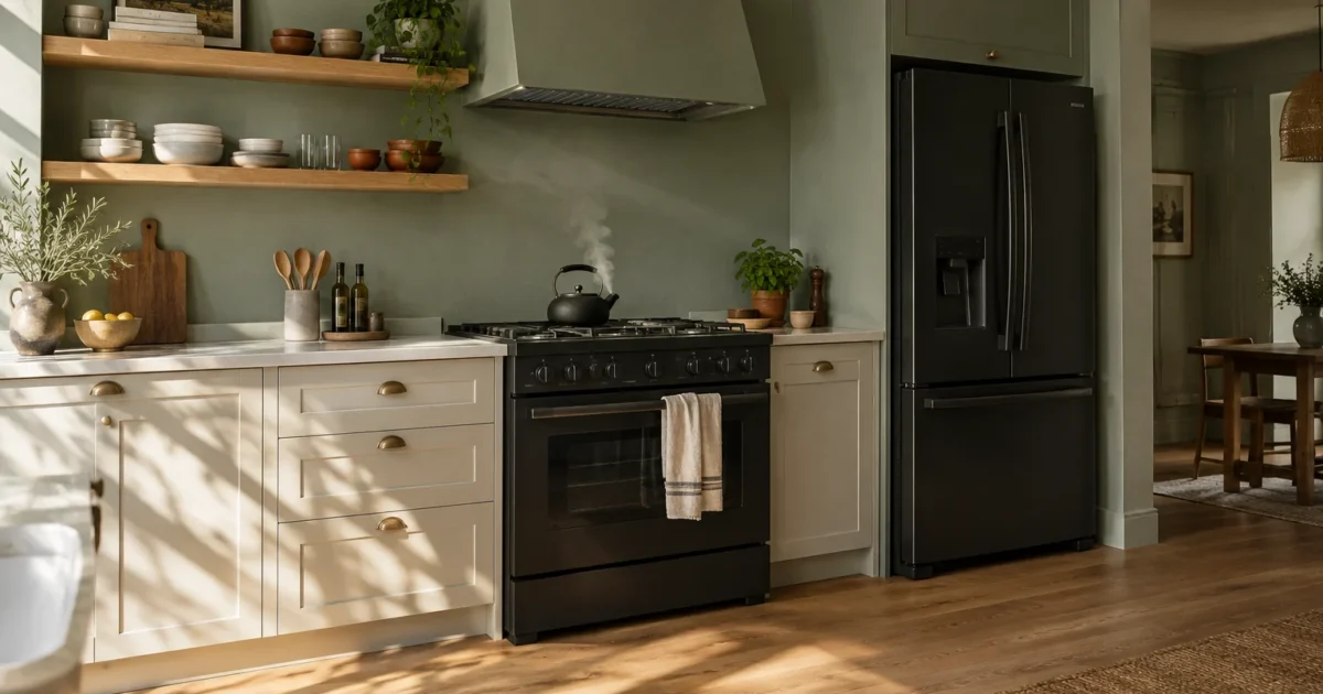 Kitchen featuring a black stove and refrigerator, sage green walls, and white cabinets under sunlight.