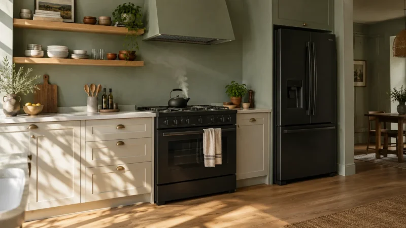 Kitchen featuring a black stove and refrigerator, sage green walls, and white cabinets under sunlight.