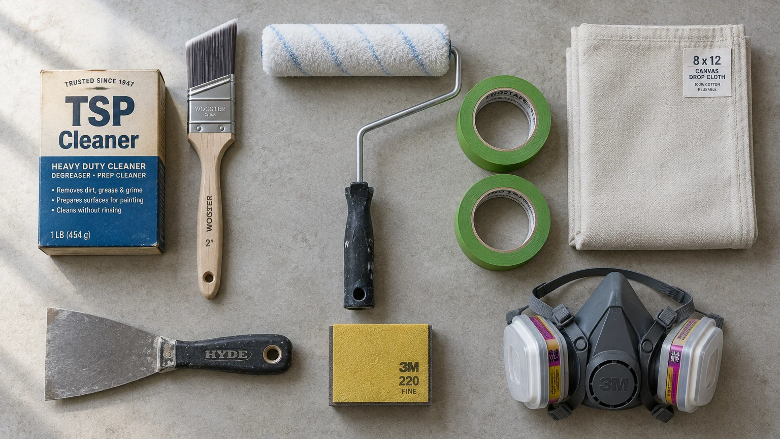 Flat lay of painting prep tools including a paint roller, Wooster brush, TSP cleaner, painter's tape, and respirator mask.
