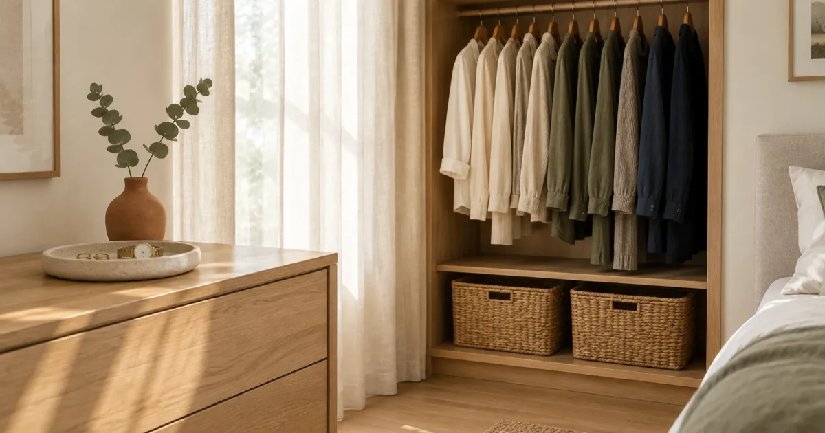 Open wooden closet with shirts on hangers above two woven baskets, next to a sunlit window and dresser.