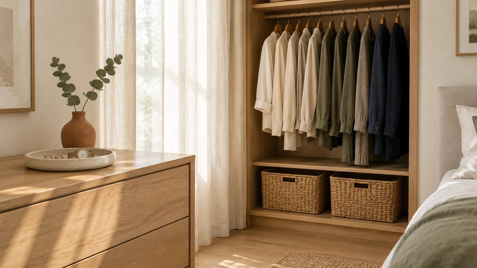 Open wooden closet with shirts on hangers above two woven baskets, next to a sunlit window and dresser.