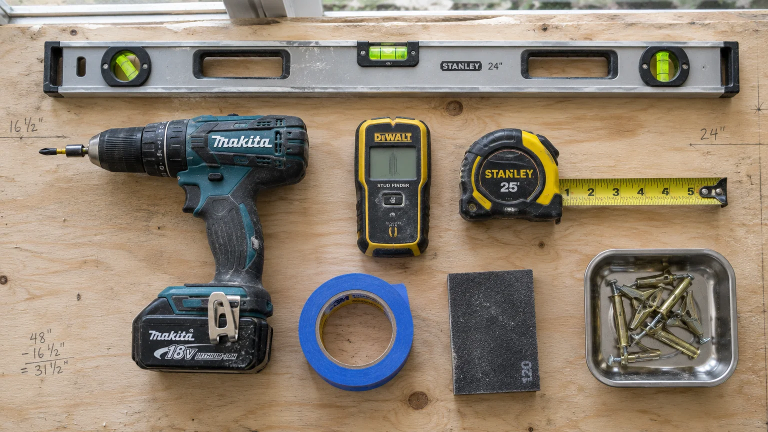 Cordless drill, level, stud finder, tape measure, blue painter's tape, sanding block, and wall anchors laid on plywood.