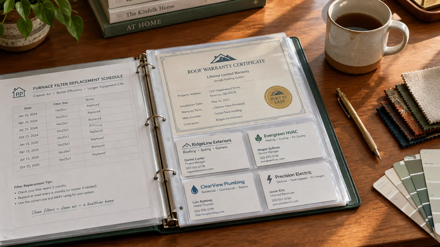 Open binder with a furnace filter schedule, roof warranty certificate, and contractor business cards on a wooden desk.