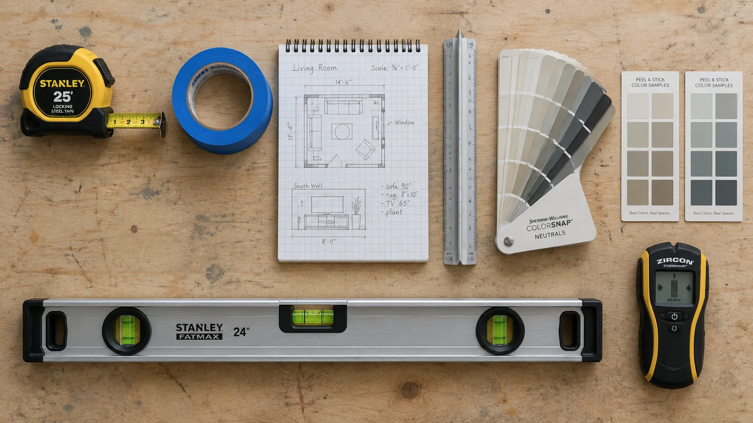Flat lay of a tape measure, painter's tape, grid notebook with room sketch, architectural scale, paint swatches, and level.