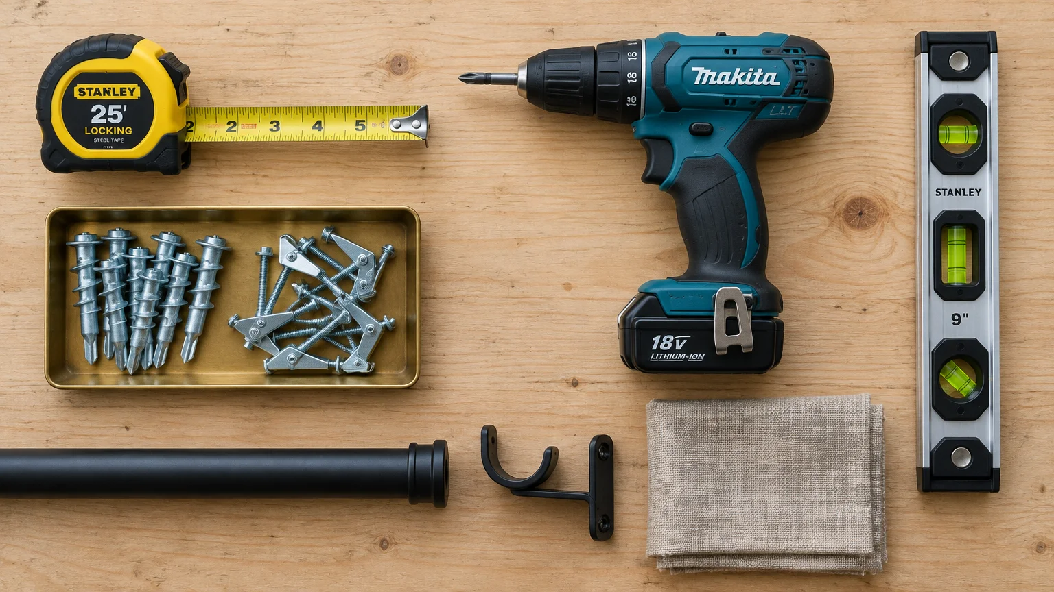 Flat lay of curtain installation tools: cordless drill, level, tape measure, wall anchors, screws, bracket, and black rod.