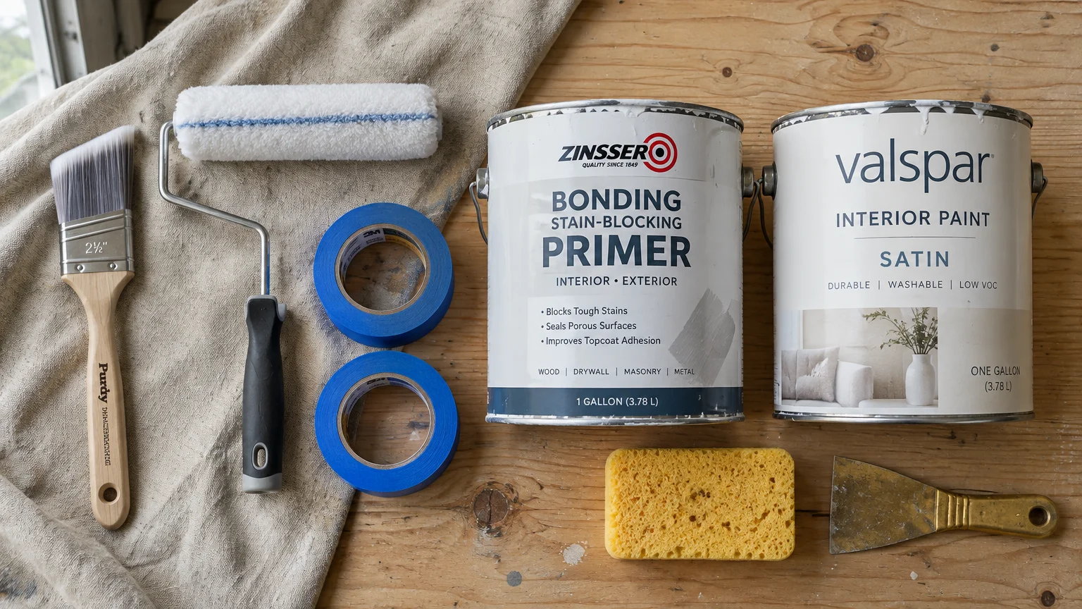 Paint supplies including a roller, angled brush, painter's tape, sponge, scraper, primer can, and interior paint can.