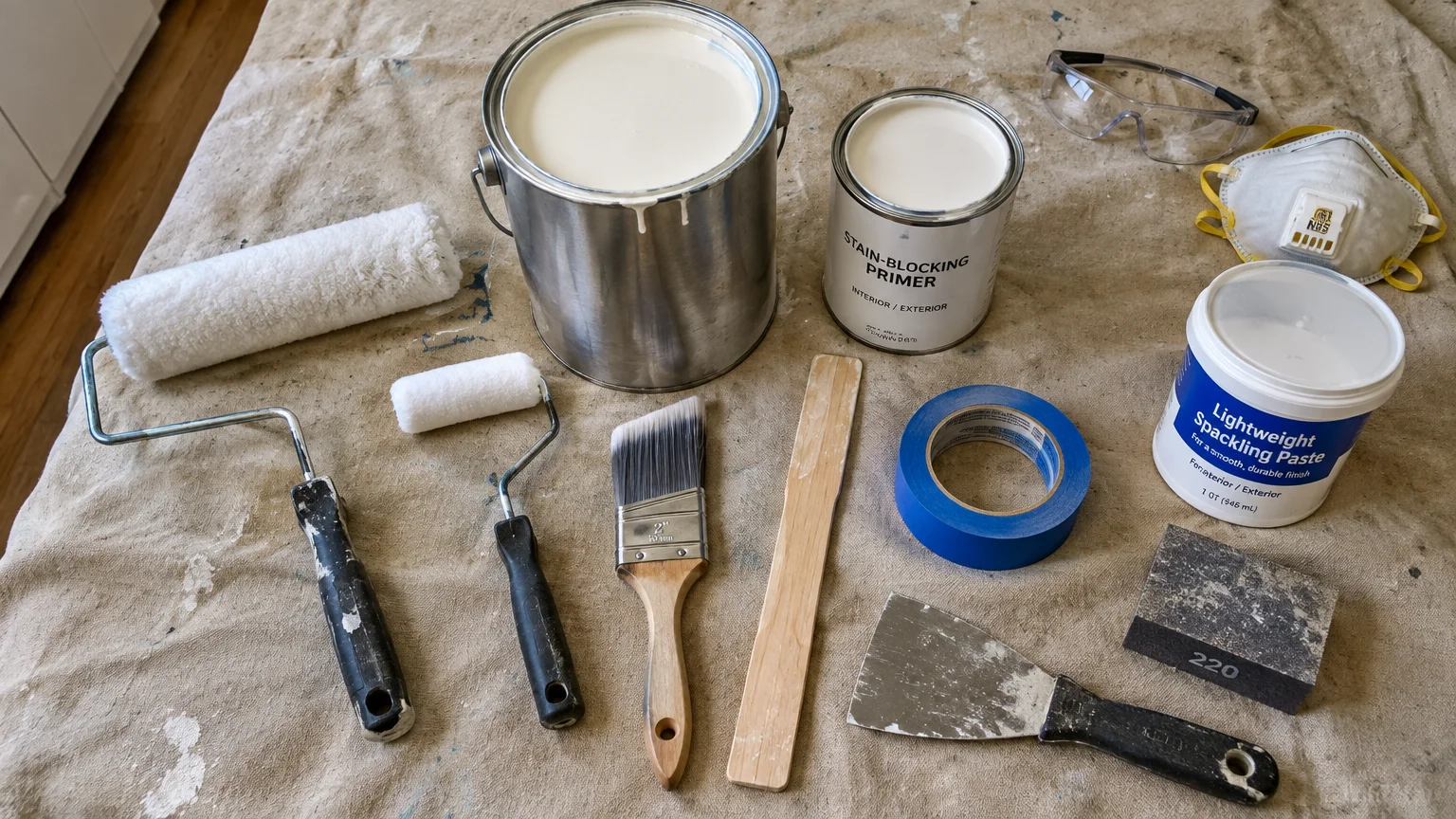 Paint cans, rollers, a paintbrush, tape, spackle, putty knife, and safety gear laid out neatly on a canvas drop cloth.