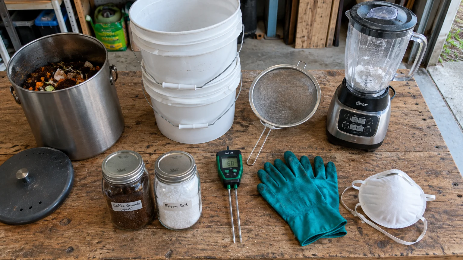 Gardening supplies on a wooden table, including buckets, compost bin, jars, blender, soil pH meter, gloves, and mask.