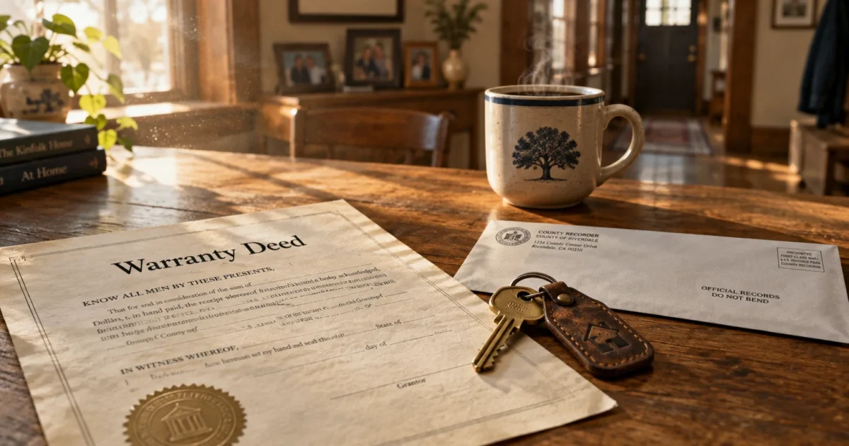 A warranty deed, house key, official county recorder envelope, and steaming mug sit on a sunlit wooden table.
